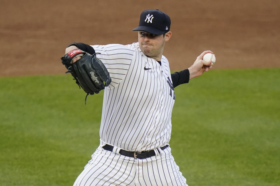 New York Yankees' Jordan Montgomery delivers a pitch during the first inning of the team's baseball game against the Chicago White Sox on Friday, May 21, 2021, in New York. (AP Photo/Frank Franklin II)