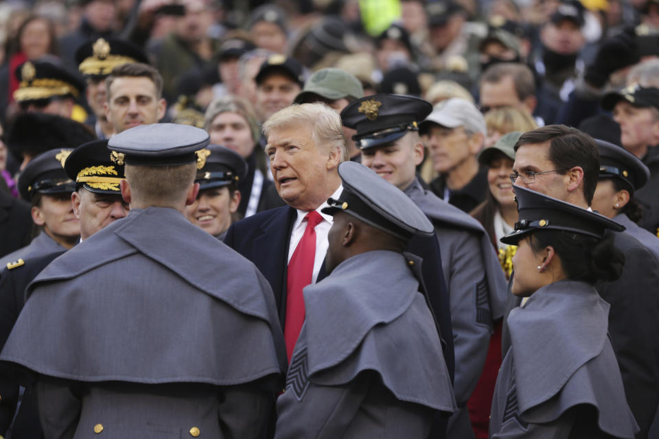 President Donald Trump meets with Army cadets ahead of an NCAA college football between Army and Navy, Saturday, Dec. 8, 2018, in Philadelphia. (AP Photo/Matt Rourke)