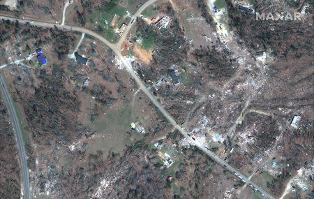 Damage to homes on County Road 38 is seen after a series of tornadoes struck Lee County, Alabama, U.S. March 3, in this handout satellite image captured March 6, 2019. satellite image ©2019 DigitalGlobe, a Maxar company/Handout via REUTERS