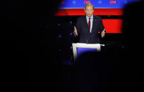 FILE - In this Tuesday, Jan. 14, 2020 file photo, Democratic presidential candidate businessman Tom Steyer speaks during a Democratic presidential primary debate hosted by CNN and the Des Moines Register in Des Moines, Iowa. On Friday, Jan. 17, 2020, The Associated Press reported on a manipulated video circulating online incorrectly portraying Steyer criticizing Democrats during the Iowa presidential debate saying they would "destroy the economy in 15 minutes if they get in control.” The footage was edited to make it appear Steyer made a derogatory comment about Democrats and the economy. (AP Photo/Patrick Semansky)