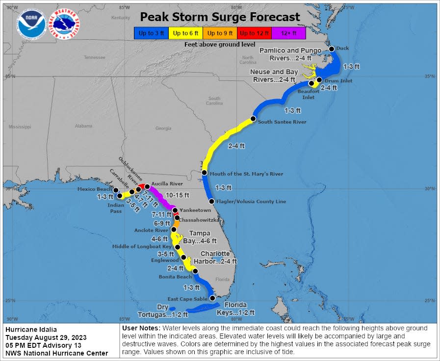 map shows storm surge from hurricane idalia forecast across florida gulf coast as well as east coast georgia carolinas