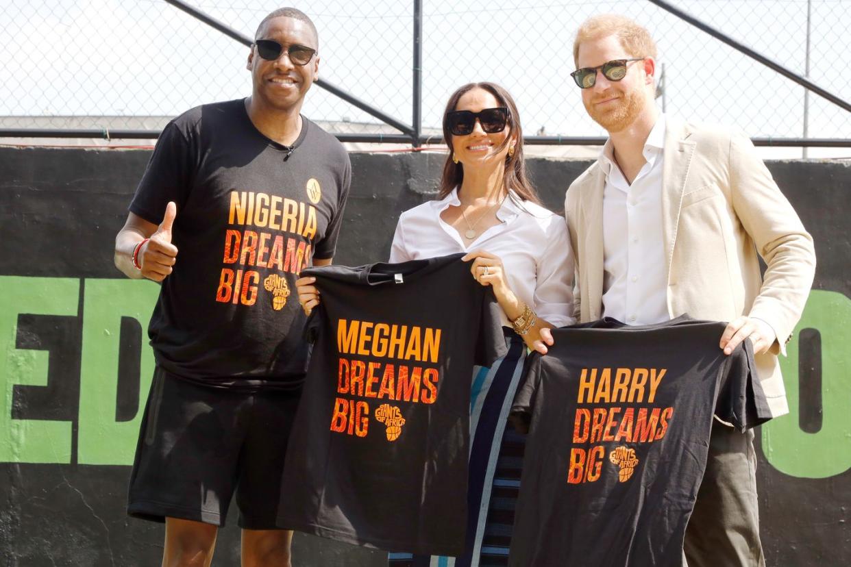 lagos, nigeria may 12 editorial use only prince harry, duke of sussex and meghan, duchess of sussex visit giants of africa at ilupeju senior grammar school on may 12, 2024 in lagos, nigeria photo by andrew esiebogetty images for the archewell foundation