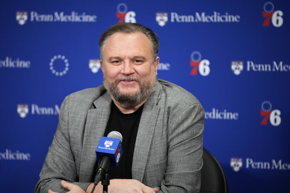 Philadelphia 76ers' Daryl Morey speaks during a news conference before an NBA basketball game against the Atlanta Hawks, Friday, Feb. 9, 2024, in Philadelphia. (AP Photo/Matt Slocum)