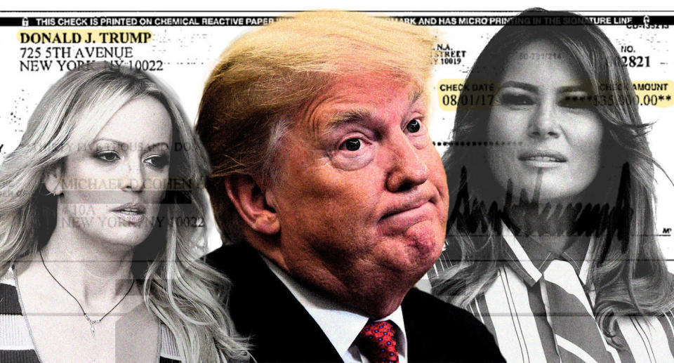 Stormy Daniels, Donald Trump and Melania Trump. (Photo illustration: Yahoo News; photos: AP (3), Courtesy Michael Cohen/Handout via Reuters)