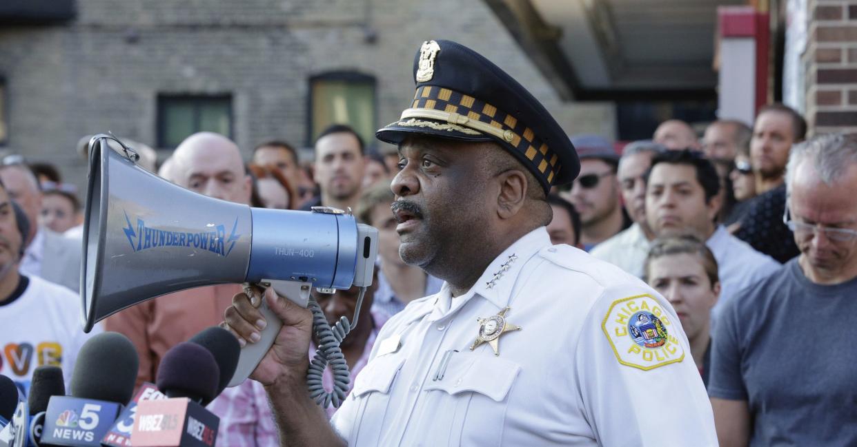 In this June 12, 2016 file photo, Chicago Police Superintendent Eddie Johnson speaks with members of LGBT groups and their supporters at a vigil in the city's Boystown neighborhood. Johnson took it personally when detectives determined that "Empire" actor Jussie Smollett allegedly lied about being the victim of a racist and homophobic attack. Speaking on Feb. 21, 2019, at a news conference, Johnson said he was angry and offended that another black man would exploit racial divisions for his own gain and smear the reputation of a city Johnson has worked his entire career to protect.