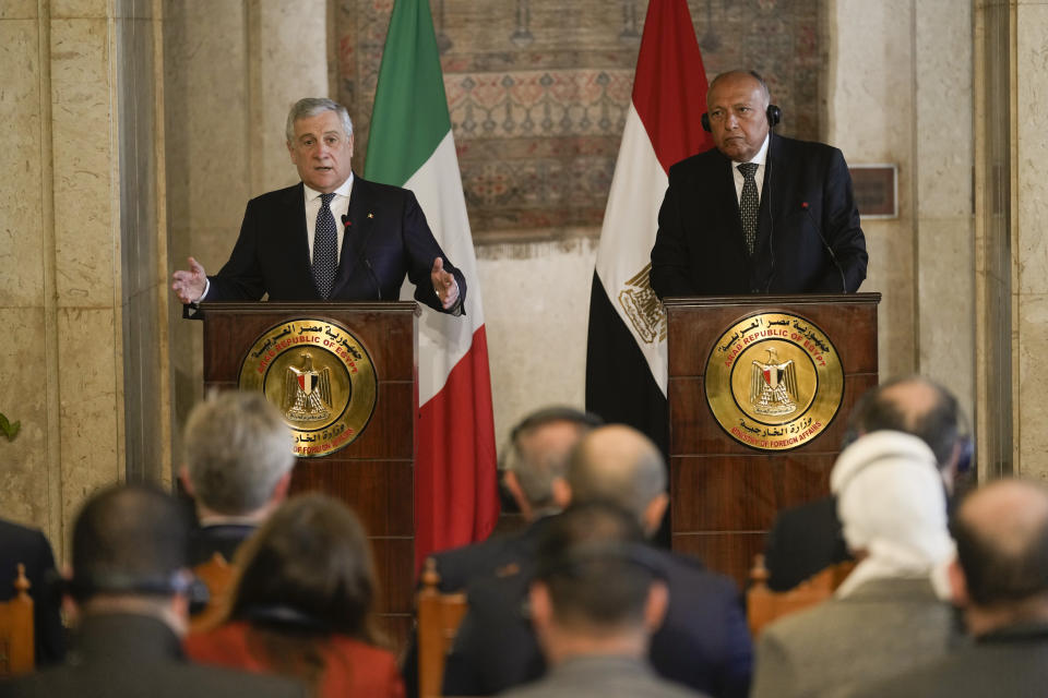 Egyptian Foreign Minister Sameh Shoukry, right, and his Italian counterpart Antonio Tajani speak during a press conference at the foreign ministry headquarters in Cairo, Egypt, Sunday, Jan. 22, 2023. (AP Photo/Amr Nabil)