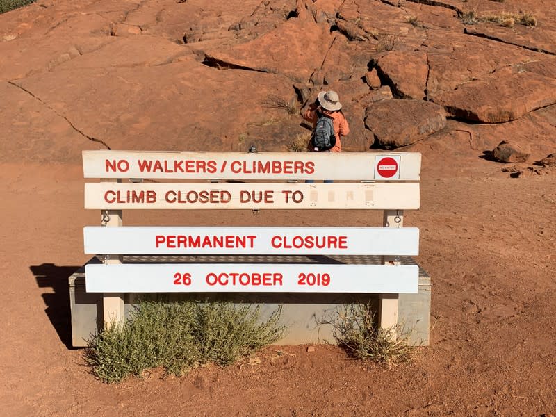 A new permanent closure sign is installed at Uluru, formerly known as Ayers Rock, near Yulara