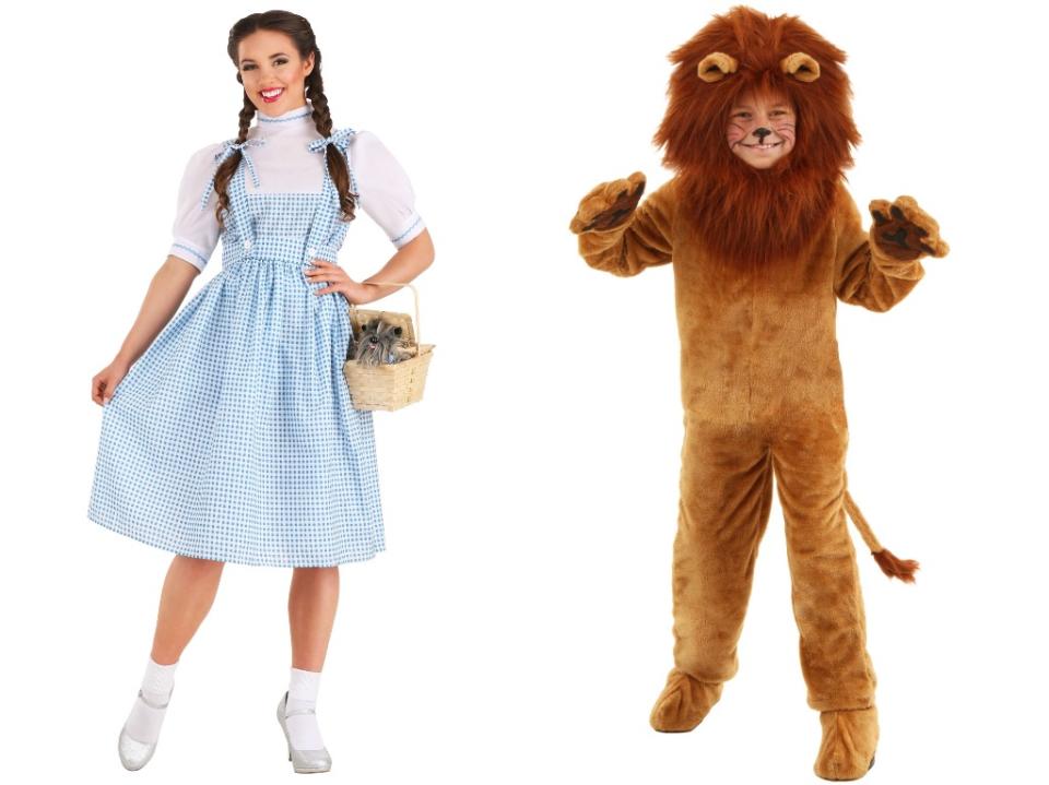 "The Wizard of Oz" costumes like Kansas Girl Long Dress Women's Costume (L) and Kid's Deluxe Lion Costume (R) are Halloween hits. (Photos: HalloweenCostumes.com)