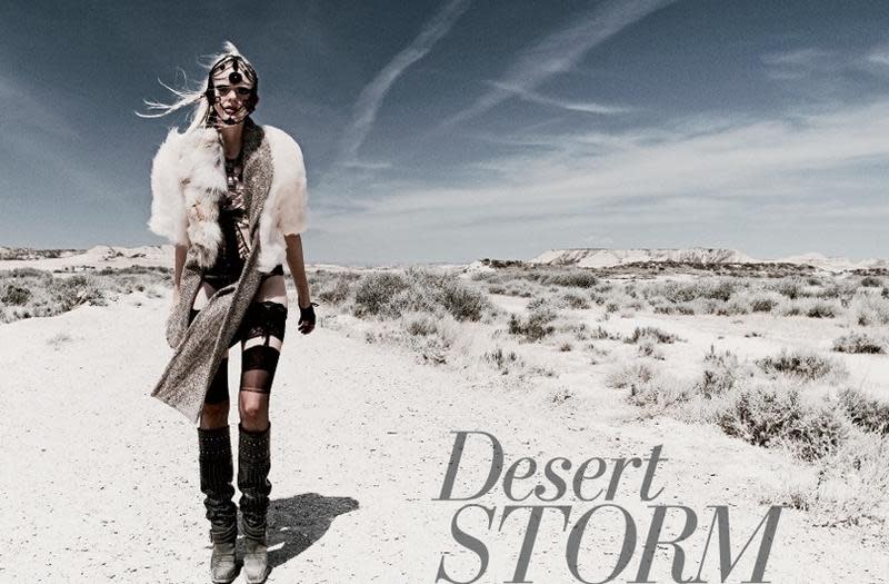 If a beautiful model put on a Bane in “Batman” mask and entered the “Mad Max” world, this desert editorial featured in the January 2010 issue of “Vogue” Portugal is what you’d get.