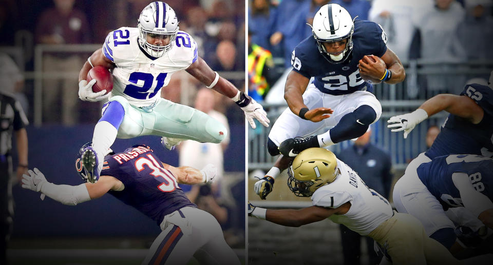 Is Penn State’s Saquon Barkley (R) even better than Ezekiel Elliott? (Photos: AP/Getty)