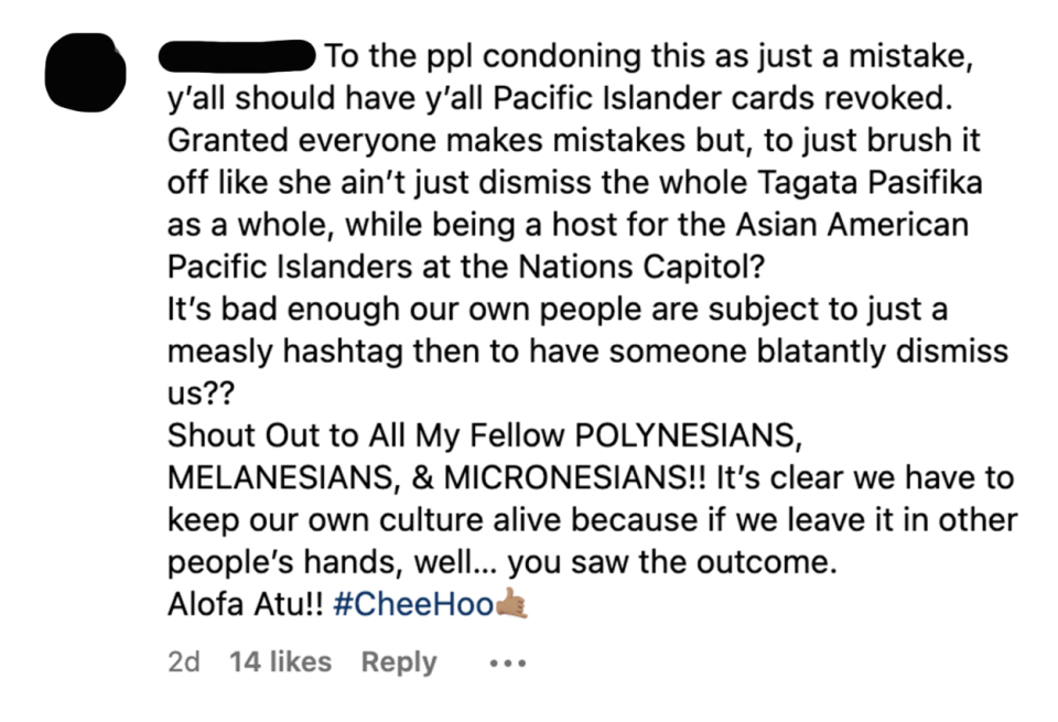 Comment: "It's bad enough our own people are subject to just a measly hashtag then to have someone blatantly dismiss us??" Also says it's clear Polynesians, Melanesians, and Micronesians have to keep their own culture alive