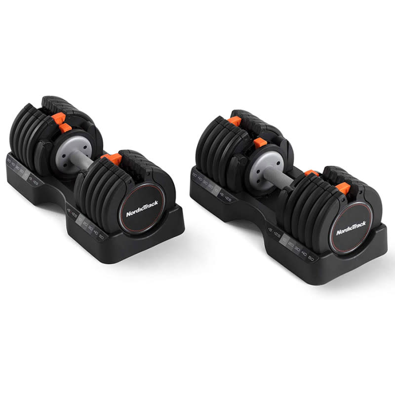 <p>Courtesy of Amazon</p><p>These <a href="http://mensjournal.com/gear/best-adjustable-dumbbells" rel="nofollow noopener" target="_blank" data-ylk="slk:adjustable dumbbells;elm:context_link;itc:0;sec:content-canvas" class="link ">adjustable dumbbells</a> are the best choice for anyone looking for a high-quality, affordable set of free weights from a trusted brand (NordicTrack doesn’t just do cardio anymore). They feature a smooth weight selection system that lets you quickly change resistance in 2.5- or 5-pound increments from 5 to 55 pounds with a simple pull of a plastic tab. The set also includes molded storage trays with printed weight markings to keep your home gym organized.</p><p>[$350; <a href="https://clicks.trx-hub.com/xid/arena_0b263_mensjournal?q=https%3A%2F%2Fwww.amazon.com%2FNordicTrack-Select-Weight-Dumbbell-Black%2Fdp%2FB08BDD6GPC%3Fth%3D1%26linkCode%3Dll1%26tag%3Dmj-yahoo-0001-20%26linkId%3Df0bd8ee530621d2cf8699d1d632e48c7%26language%3Den_US%26ref_%3Das_li_ss_tl&event_type=click&p=https%3A%2F%2Fwww.mensjournal.com%2Fhealth-fitness%2Fgifts-for-gym-lovers%3Fpartner%3Dyahoo&author=Joe%20Wuebben&item_id=ci02ccaafea000268f&page_type=Article%20Page&partner=yahoo&section=shopping&site_id=cs02b334a3f0002583" rel="nofollow noopener" target="_blank" data-ylk="slk:amazon.com;elm:context_link;itc:0;sec:content-canvas" class="link ">amazon.com</a>]</p>