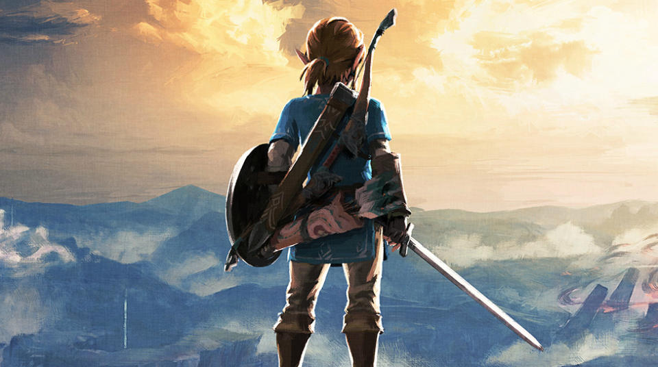 Legend of Zelda: Breath of the Wild poster image containing Link facing away from the camera toward the setting sun.