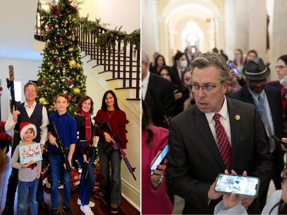 An image of Andy Ogles' Christmas card, in which his family are holding guns in front of a Christmas tree, and an image of Ogles wearing a suit and tie in a crowded room.