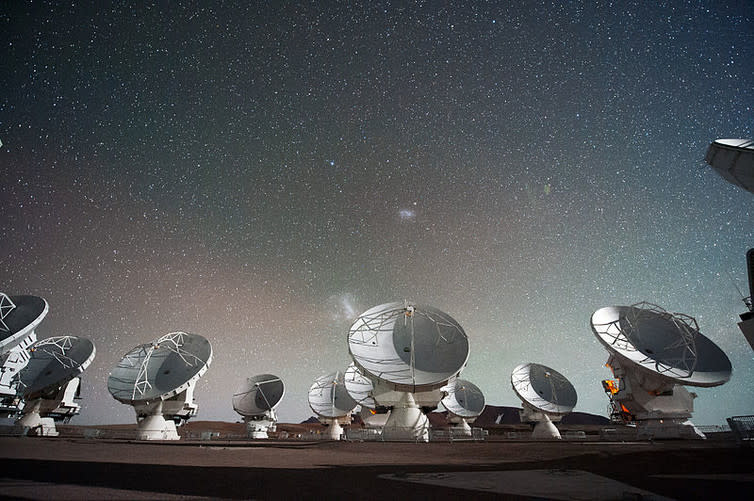 <span class="caption">The Atacama Large Millimeter submillimeter Array ALMA by night under the Magellanic Clouds.</span> <span class="attribution"><span class="source">ESO/C. Malin/wikipedia</span>, <a class="link " href="http://creativecommons.org/licenses/by-sa/4.0/" rel="nofollow noopener" target="_blank" data-ylk="slk:CC BY-SA;elm:context_link;itc:0;sec:content-canvas">CC BY-SA</a></span>