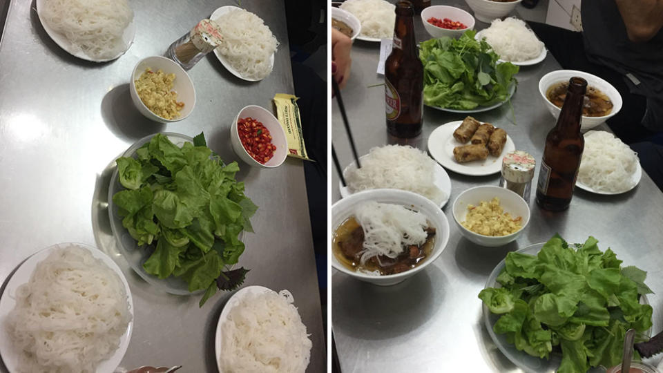 The tables are set with salad, spices, sauces and rice noodles. Photo: Yahoo Lifestyle