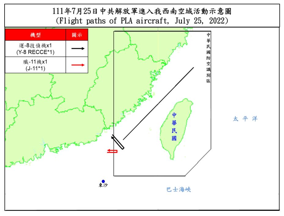 本月25日解放軍有運-8技偵機、殲-11各1架次進入台灣西南防空識別區(ADIZ)，亦是南海區域    圖：翻攝國防部「即時軍事動態」網頁