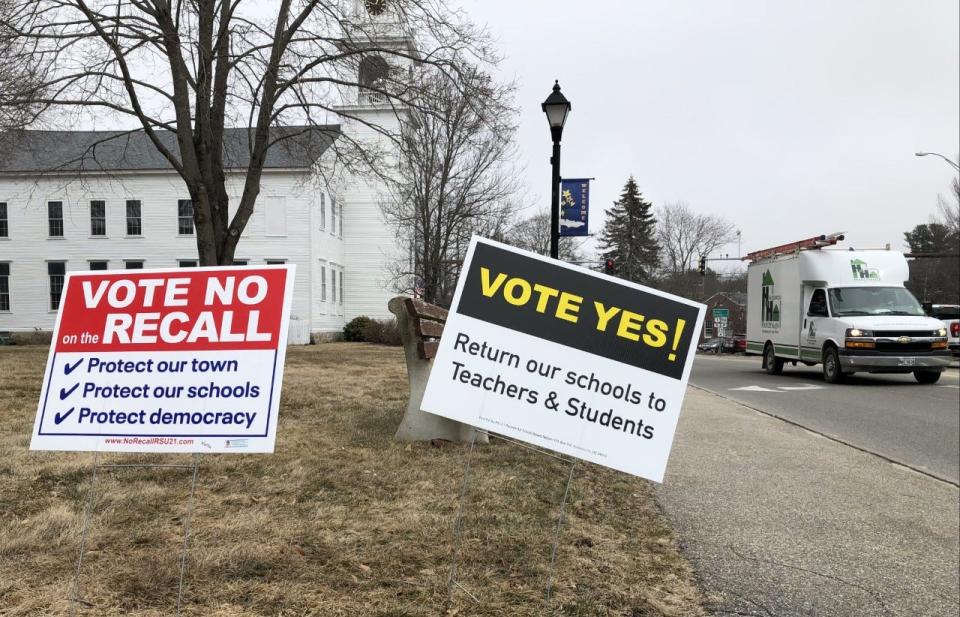 Proponents and opponents alike have posted signs throughout Kennebunk in an attempt to make their case over whether RSU 21 School Board member Tim Stentiford should be removed from office during a recall election on March 29, 2022.