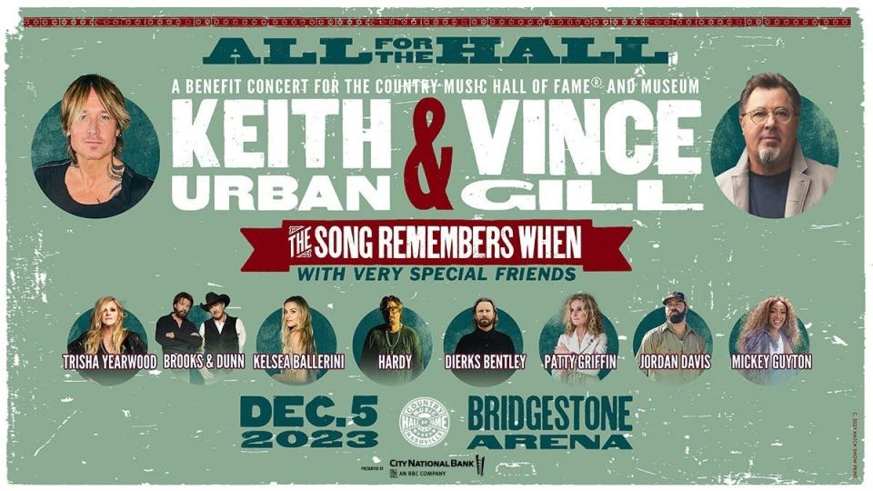 Keith Urban pairs with Vince Gill for his eighth in a series of "All For The Hall" events benefitting the Country Music Hall of Fame and Museum.