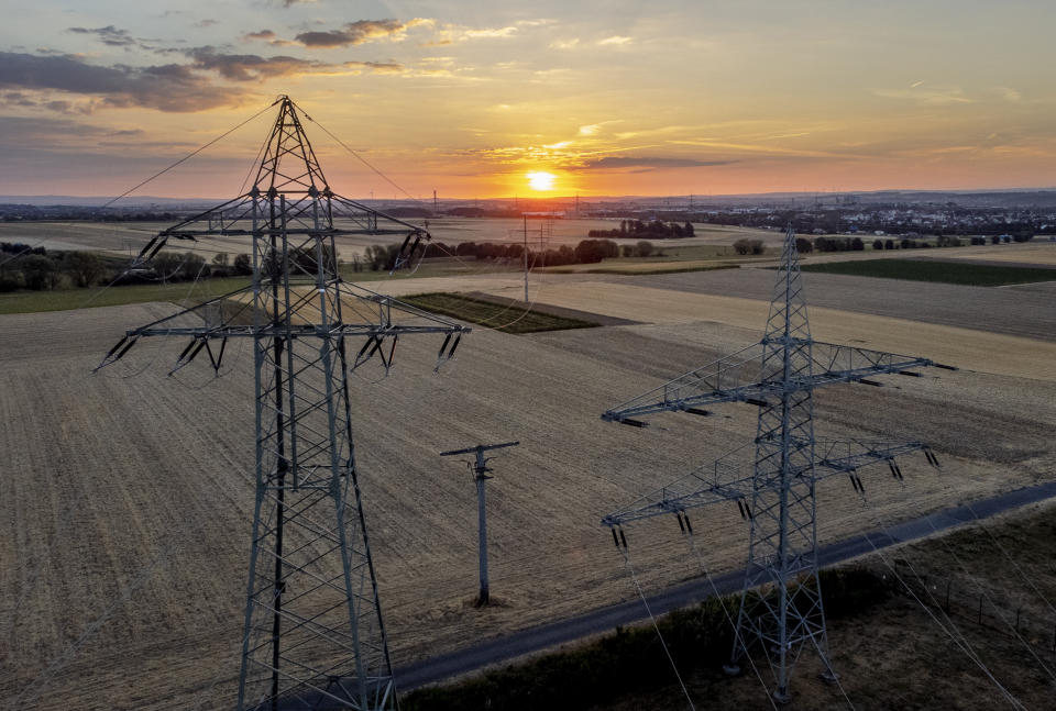 Power poles stand on fields on the outskirts of Frankfurt, Germany Tuesday, Aug. 30, 2022. (AP Photo/Michael Probst)