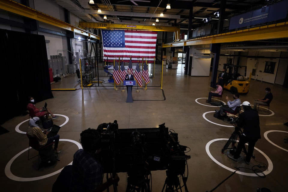 Democratic presidential candidate former Vice President Joe Biden speaks at campaign event at Mill 19 in Pittsburgh, Pa., Monday, Aug. 31, 2020. (AP Photo/Carolyn Kaster)