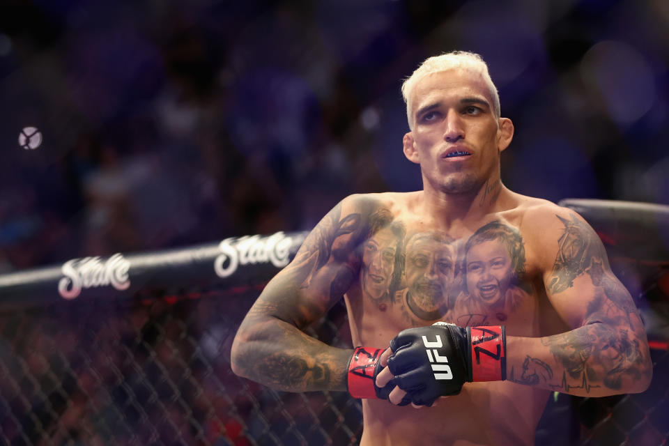 PHOENIX, ARIZONA - MAY 07: Charles Oliveira of Brazil prepares to fight Justin Gaethje (not pictured) in their UFC lightweight championship bout during UFC 274 at Footprint Center on May 07, 2022 in Phoenix, Arizona. (Photo by Christian Petersen/Getty Images)