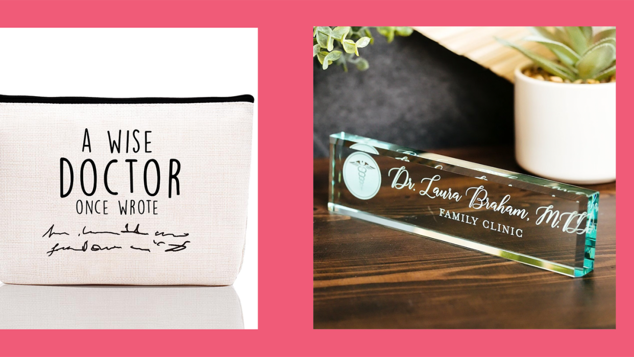 funny makeup bag and personalized glass doctor nameplate