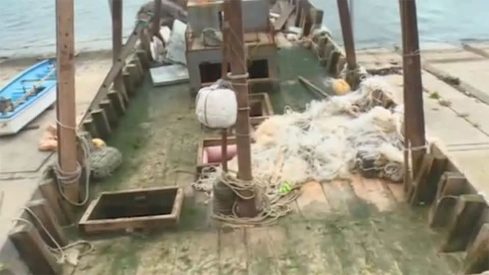 Fishing nets could be seen on this washed up boat. Photo: NHK