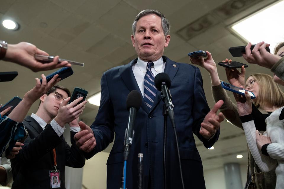 Republican Senator Steve Daines of Montana speaks to reporters on 9 February. (Getty Images)