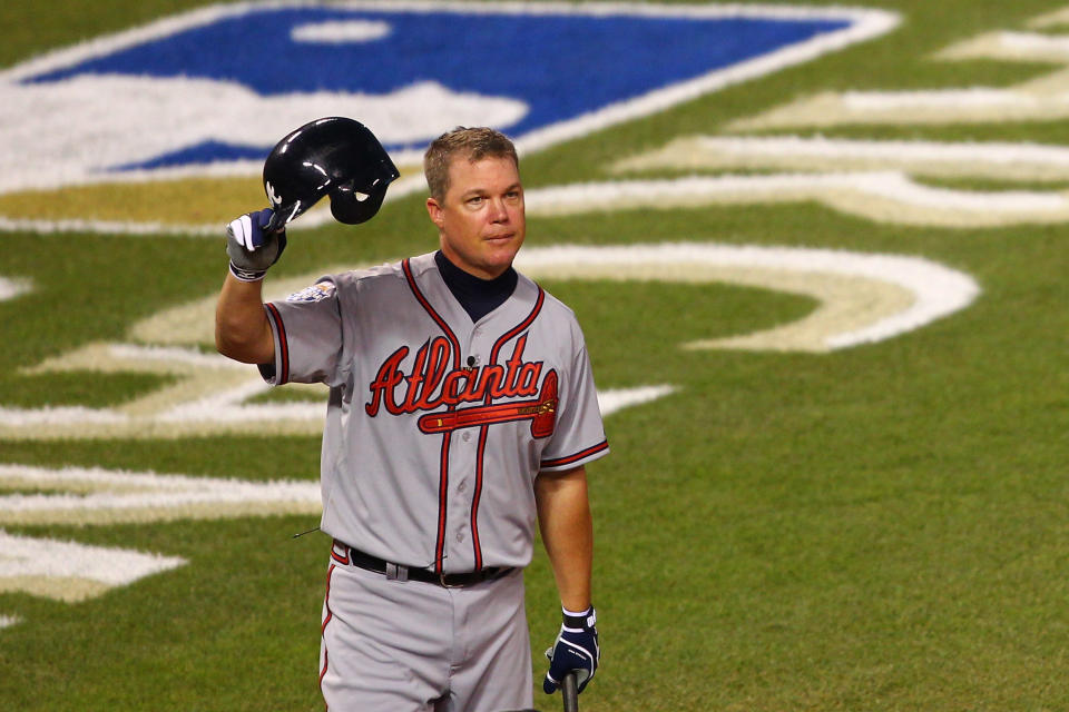 KANSAS CITY, MO - JULY 10: National League All-Star Chipper Jones #10 of the Atlanta Braves takes off his helmet and waves to the crowd during his at bat in the sixth inning during the 83rd MLB All-Star Game at Kauffman Stadium on July 10, 2012 in Kansas City, Missouri. (Photo by Dilip Vishwanat/Getty Images)