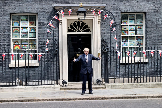 Prime Minister Boris Johnson outside Downing Street in London, to mark the 75th anniversary of VE Day.