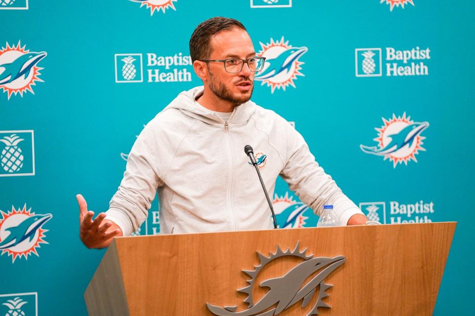 Miami Dolphins head coach Mike McDaniel speaks to reporters Wednesday before training camp at Baptist Health Training Complex in Miami Gardens.