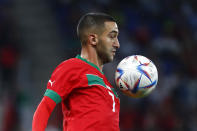 Morocco's Hakim Ziyech in action during an international friendly soccer match between Morocco and Chile at the Cornella-El Prat stadium in Barcelona, Spain, Friday, Sept. 23, 2022. (AP Photo/Joan Monfort)