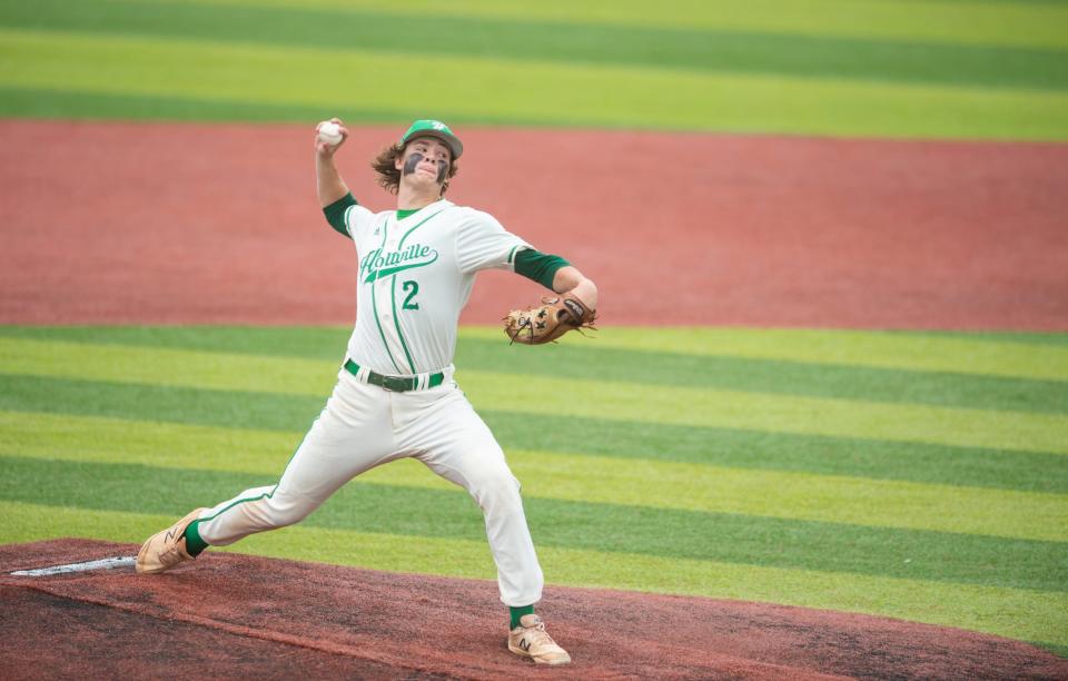 Holtville's Drey Barrett (2) pitches the ball as Holtville takes on Sardis during the AHSAA baseball class 5A state championship at Rudy Abbot Field in Jacksonville, Ala., on Friday, May 19, 2023.