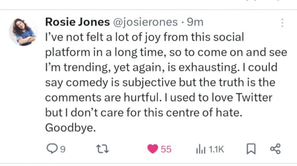 Rosie Jones shared a final message before leaving X, formerly known as Twitter. (X)