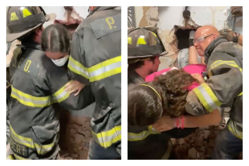 ▲美國一位少女受困試衣間，最後出動消防隊打穿牆壁才把人救出。（圖／翻攝自Port Jefferson Fire Department臉書）