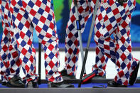 <p>A detail of the pants of members of the team from Norway during the curling round robin game against Denmark on day 9 of the Vancouver 2010 Winter Olympics at Vancouver Olympic Centre on February 20, 2010 in Vancouver, Canada. (Photo by Jamie Squire/Getty Images) </p>