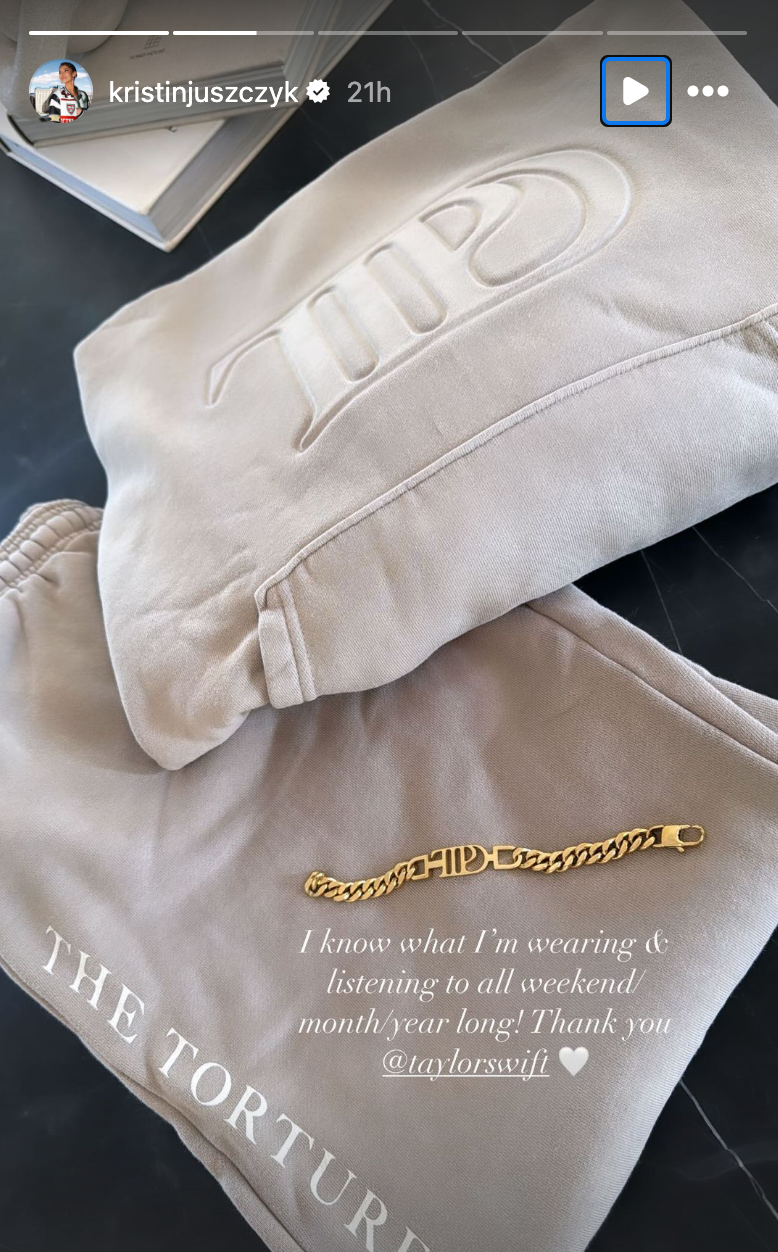 Kristin Juszczyk shared her new 'The Tortured Poets Department' swag, courtesy of Taylor Swift.