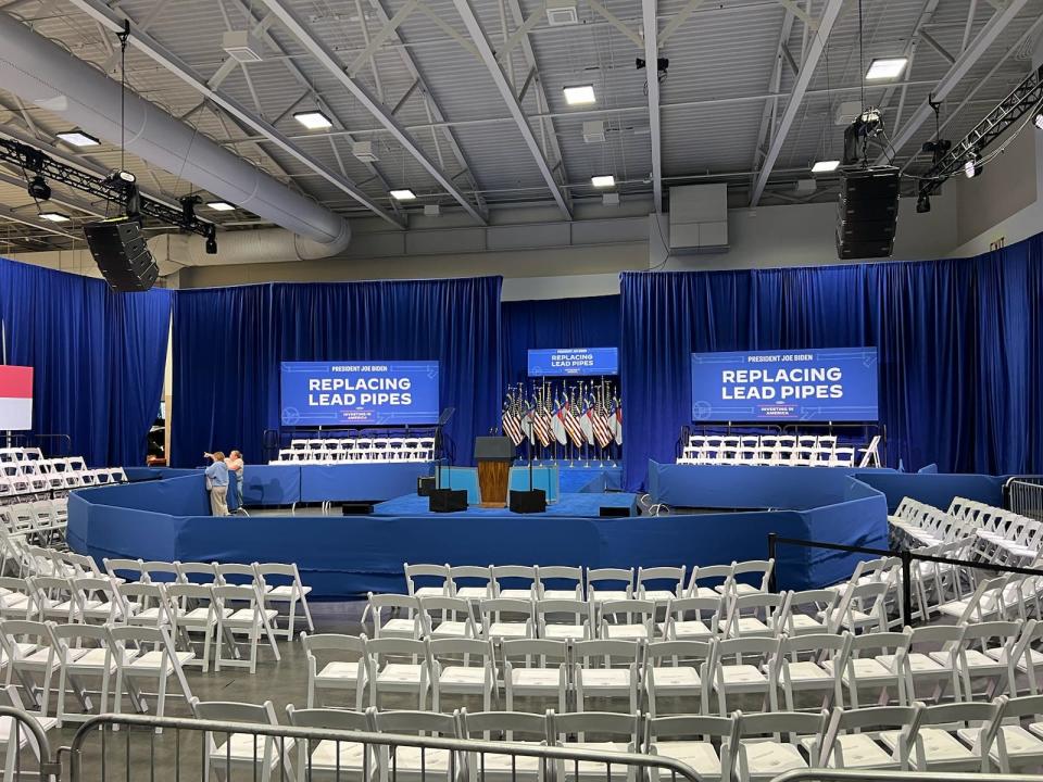 The area of the Wilmington Convention Center has been set up by Thursday morning for President Joe Biden, who will speak there Thursday afternoon.