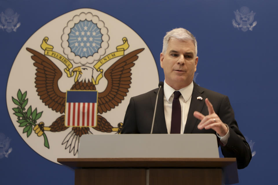 Marc Ostfield, U.S. ambassador to Paraguay, speaks during a press conference in Asuncion, Paraguay, Thursday, Jan. 26, 2023. Ostfield announced that U.S is sanctioning former President of Paraguay Horacio Manuel Cartes, and Paraguay Vice President Hugo Velazquez for what U.S considers their involvement in systemic corruption that has undermined democratic institutions in Paraguay. (AP Photo/Marta Escurra)