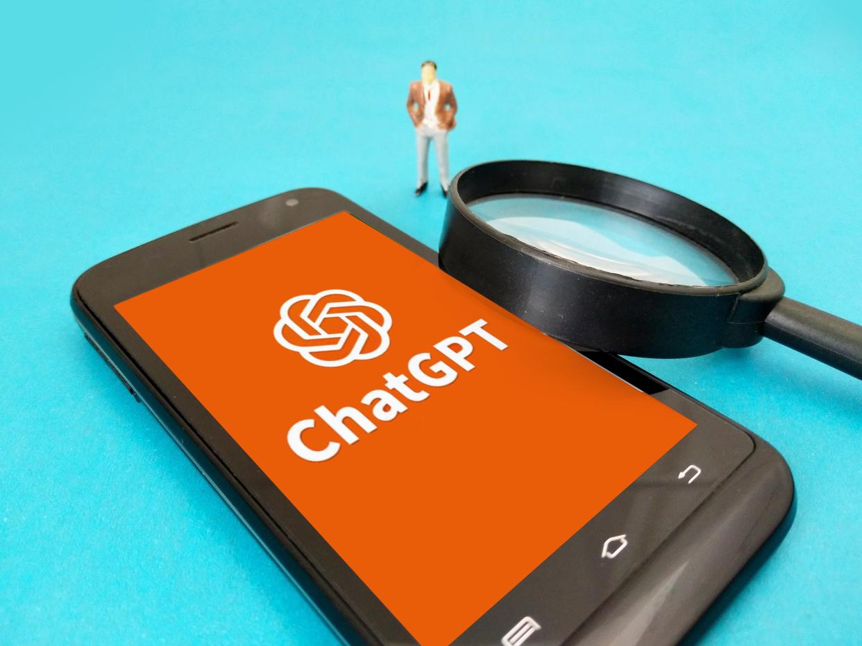 Illustration of ChatGPT, a magnifying glass, and a small figure