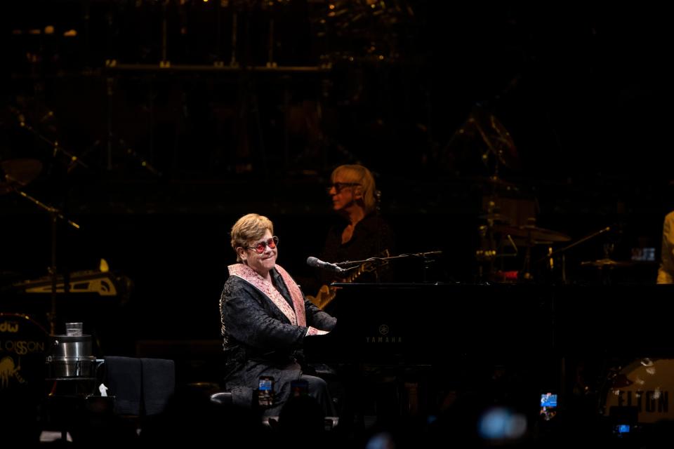 Elton John plays piano during his last tour performance on July 8, 2023.