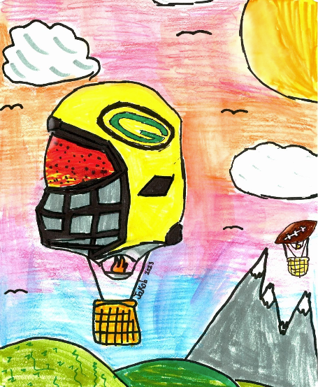 A Green Bay Packers hot air balloon drawn with Sharpies, markers and watercolor pencils by Jakob, a fifth-grade student at Edna Ferber Elementary School in Appleton, Wisconsin, in fall 2023.