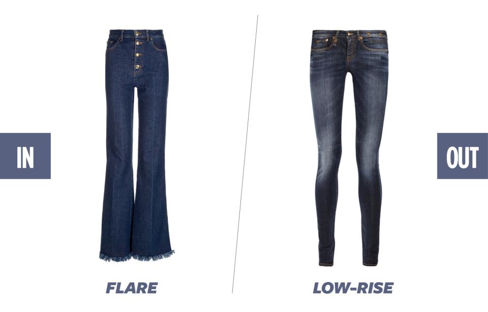 <p>Flare jeans are back, and they are a big fashion ode to the stylish Jane Birkin, who helped popularize the jeans during the ’60s and ’70s. (Photos: Sonia Rykiel; R13) </p>