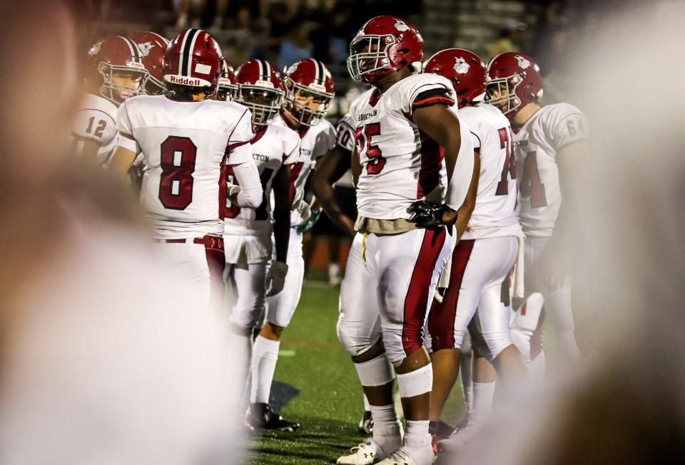 Brockton's Joey Cappiello enters the huddle during a game against Franklin on Friday, September 16, 2022. The Boxers lost, 37-6.