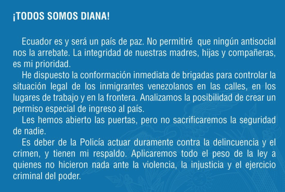 Comunicado polémico del presidente Lenin Moreno: Sus críticos dicen que se criminaliza la nacionalidad del autor del crimen. (Foto: Twitter)