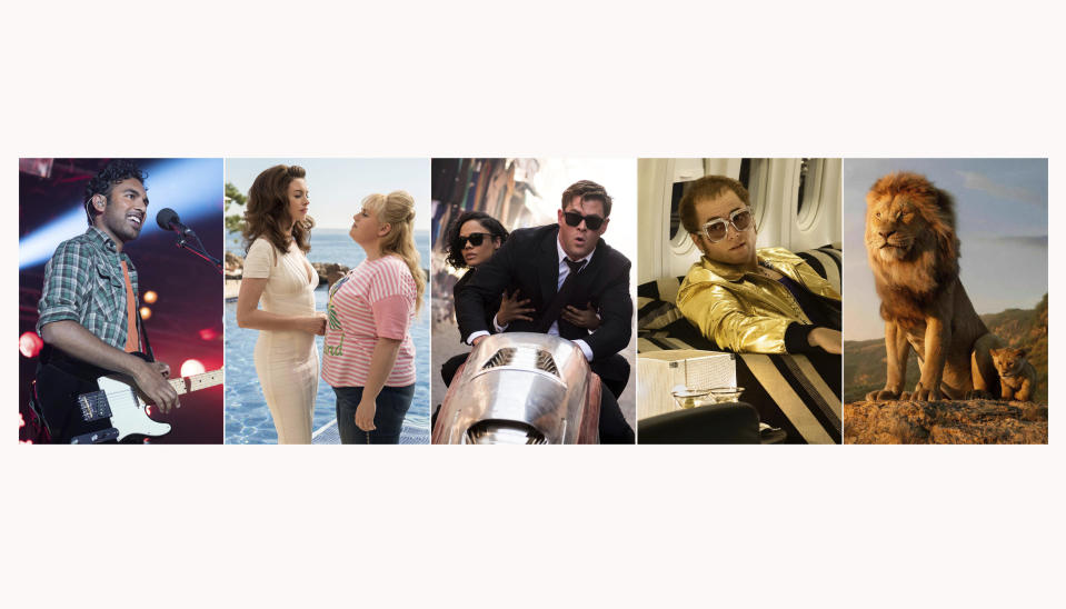 This combination photo shows Himesh Patel in a scene from "Yesterday," from left, Anne Hathaway and Rebel Wilson in a scene from "The Hustle," Chris Hemsworth and Tessa Thompson in a scene from "Men in Black: International," Taron Egerton in a scene from "Rocketman" and a scene from "The Lion King." (Universal Pictures/MGM/Sony/Paramount/Disney via AP)