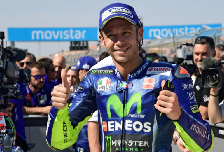 Movistar Yamaha rider Valentino Rossi celebrates being third placed after the Moto GP qualifier of the Aragon MotoGP at the Motorland circuit in Alcaniz, Spain on September 23, 2017