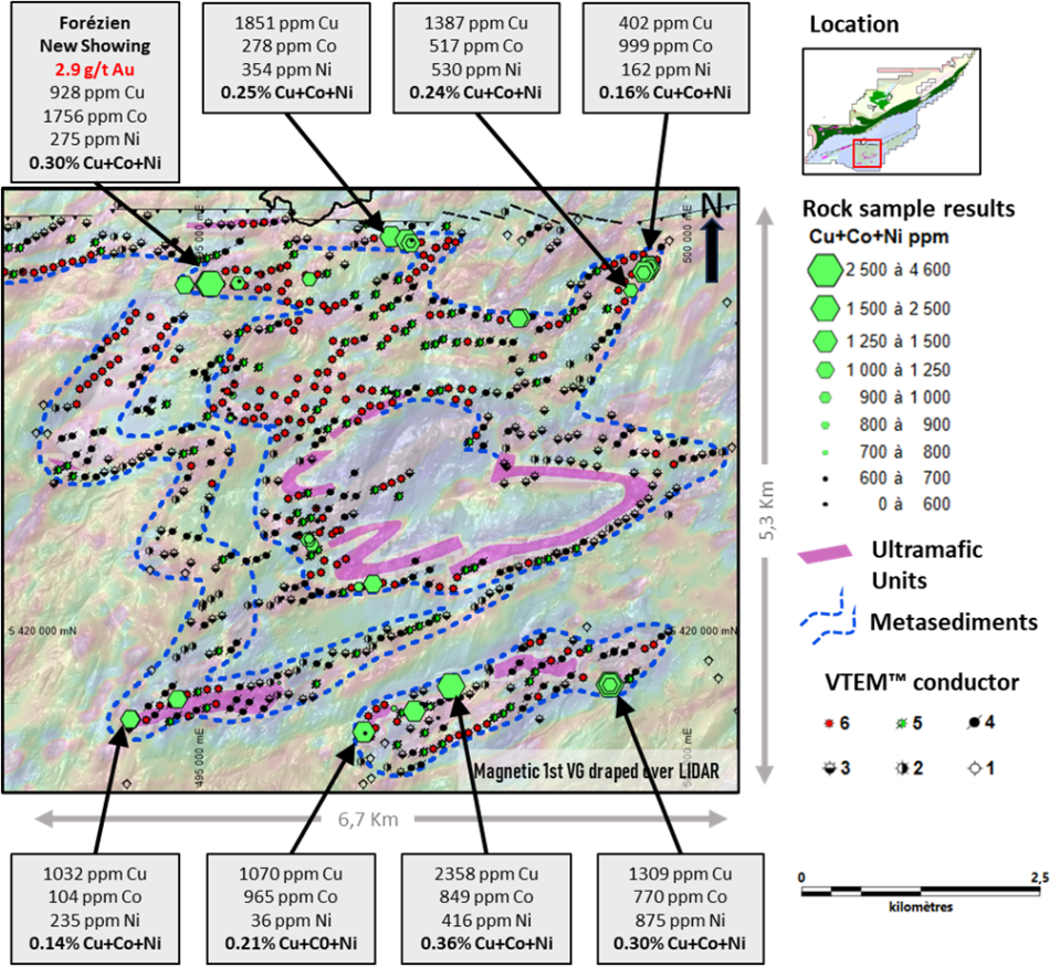 <strong>Figure 2: </strong>Location of the Forézien showing in the 35km<sup>2</sup> prospective zone enriched with Cu and Co.