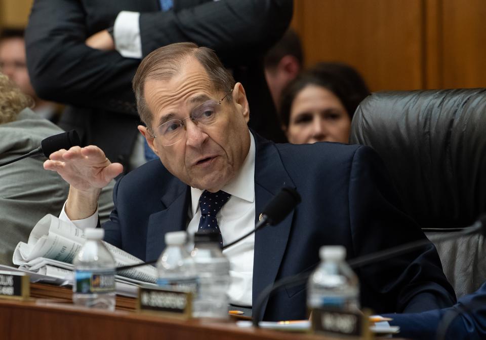 Chairman of the House Judiciary Committee, Jerry Nadler, speaks during a markup of a resolution supporting the committee report on Attorney General William Barr's failure to produce the unredacted Mueller report and underlying materials on Capitol Hill in Washington, DC, on May 8, 2019. (Photo by NICHOLAS KAMM / AFP)